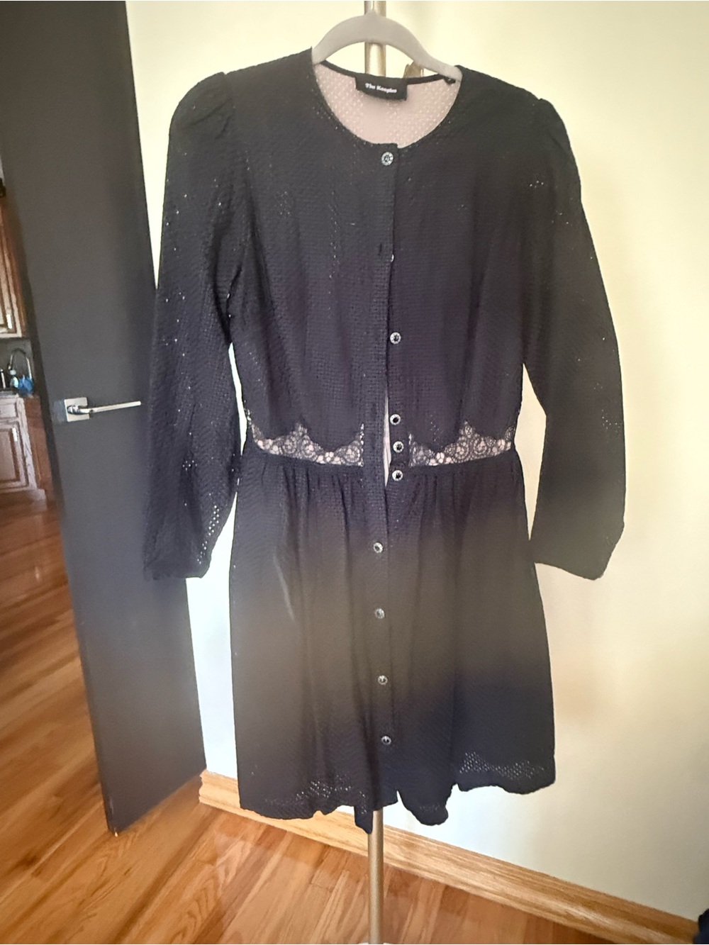 The Kooples Black Lace-Inset Buttoned Long-Sleeve Dress